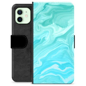 iPhone 12 Premium Flip Cover med Pung - Blå Marmor