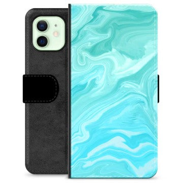 iPhone 12 Premium Flip Cover med Pung - Blå Marmor