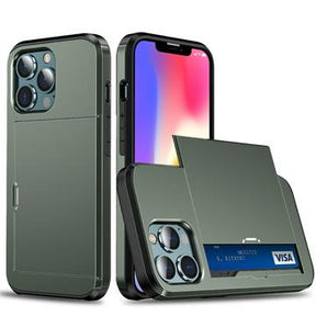 iPhone 13 Pro Max Hybrid Cover med Glidende Kortslot - Army Grøn