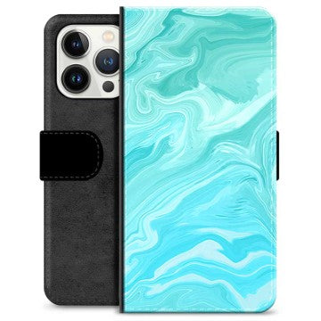 iPhone 13 Pro Premium Flip Cover med Pung - Blå Marmor