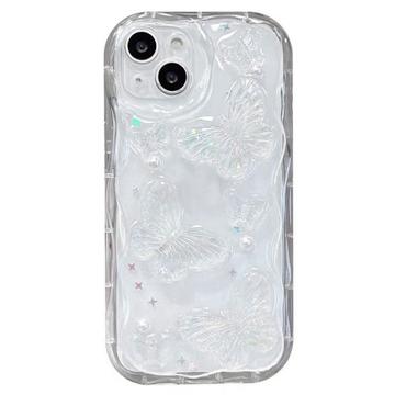 iPhone 14 TPU-cover med sommerfugle og perler - gennemsigtigt
