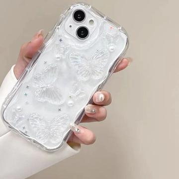 iPhone 14 TPU-cover med sommerfugle og perler - gennemsigtigt