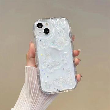 iPhone 14 TPU-cover med sommerfugle og perler - gennemsigtigt