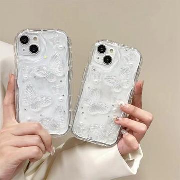 iPhone 14 TPU-cover med sommerfugle og perler - gennemsigtigt