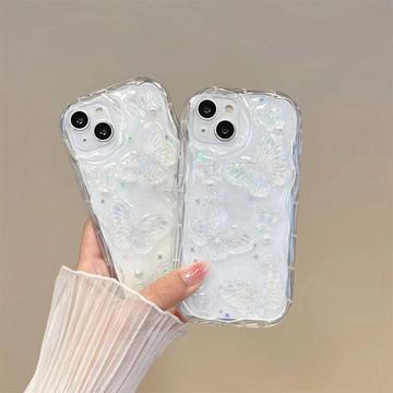 iPhone 14 TPU-cover med sommerfugle og perler - gennemsigtigt