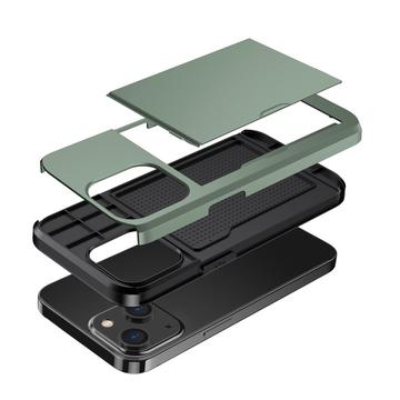 iPhone 14 Hybrid Cover med Glidende Kortslot - Army Grøn