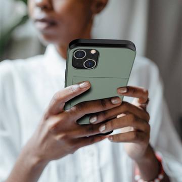 iPhone 14 Hybrid Cover med Glidende Kortslot - Army Grøn