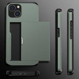 iPhone 14 Hybrid Cover med Glidende Kortslot - Army Grøn