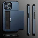 iPhone 14 Pro Hybrid Cover med Glidende Kortslot - Mørkeblå
