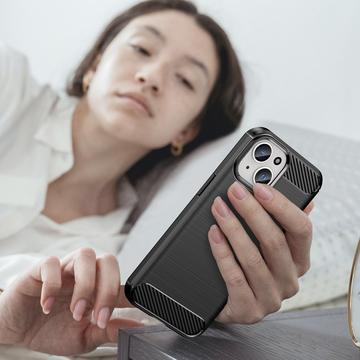 iPhone 15 Børstet TPU Cover - Karbonfiber - Sort