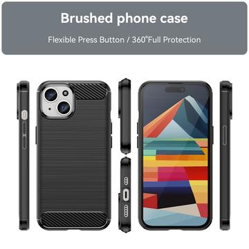 iPhone 15 Børstet TPU Cover - Karbonfiber - Sort