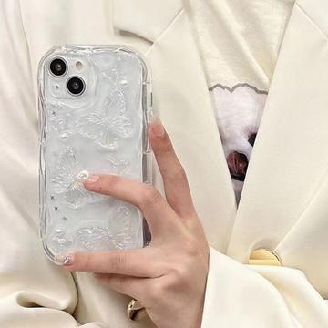 iPhone 15 TPU-cover med sommerfugle og perler - gennemsigtigt