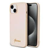 iPhone 15 Guess Iridescent Metal Script Hybrid Cover - Guld