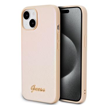 iPhone 15 Guess Iridescent Metal Script Hybrid Cover - Guld