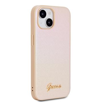 iPhone 15 Guess Iridescent Metal Script Hybrid Cover - Guld