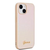 iPhone 15 Guess Iridescent Metal Script Hybrid Cover - Guld