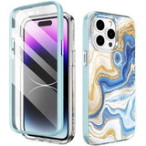 iPhone 15 Pro Ahastyle WE13 360 Beskyttelse Hybrid Cover - blå marmor