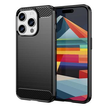 iPhone 15 Pro Børstet TPU Cover - Karbonfiber - Sort