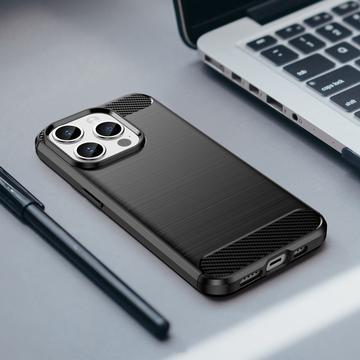 iPhone 15 Pro Børstet TPU Cover - Karbonfiber - Sort