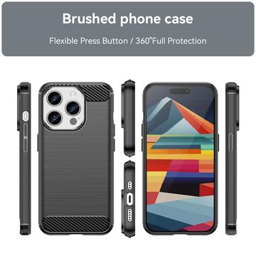 iPhone 15 Pro Børstet TPU Cover - Karbonfiber - Sort