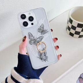 iPhone 15 Pro Sommerfugl TPU Cover med Ringholder - sort