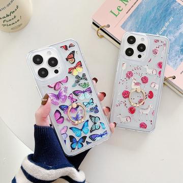 iPhone 15 Pro Sommerfugl TPU Cover med Ringholder - farverig