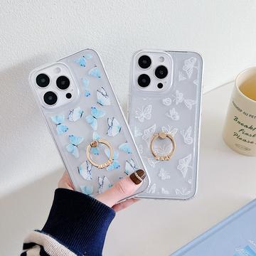 iPhone 15 Pro Sommerfugl TPU Cover med Ringholder - farverig