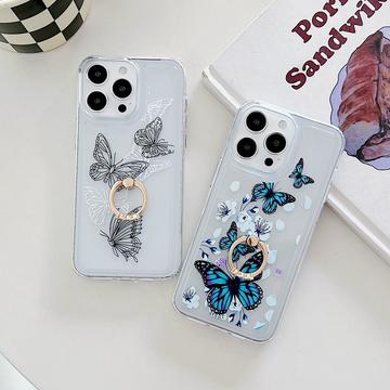 iPhone 15 Pro Sommerfugl TPU Cover med Ringholder - farverig