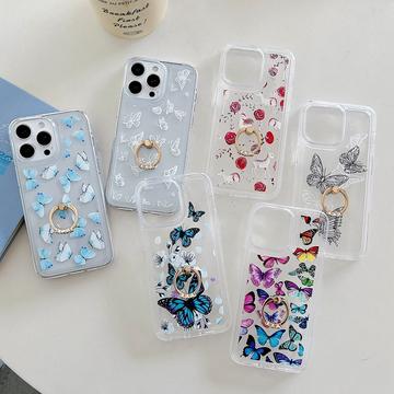 iPhone 15 Pro Sommerfugl TPU Cover med Ringholder - farverig