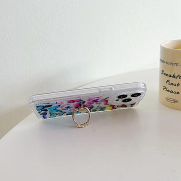 iPhone 15 Pro Sommerfugl TPU Cover med Ringholder - mørkeblå