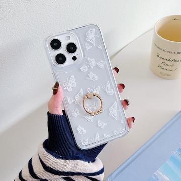 iPhone 15 Pro Sommerfugl TPU Cover med ringholder - hvid