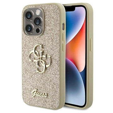 iPhone 15 Pro Guess Fixed Glitter 4G Metal Logo Cover - Guld
