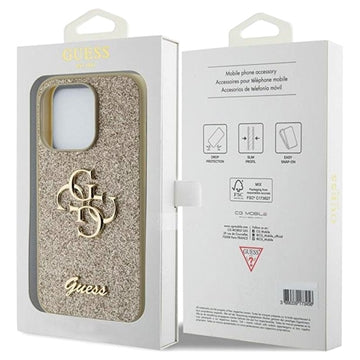 iPhone 15 Pro Guess Fixed Glitter 4G Metal Logo Cover - Guld