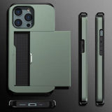 iPhone 15 Pro Hybrid Cover med Glidende Kortslot - Army Grøn