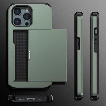 iPhone 15 Pro Hybrid Cover med Glidende Kortslot - Army Grøn
