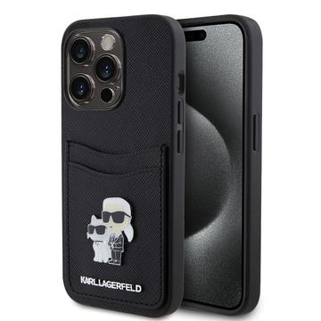 iPhone 15 Pro Karl Lagerfeld Saffiano etui med kortlomme i metal Karl & Choupette - sort