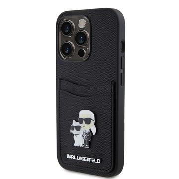 iPhone 15 Pro Karl Lagerfeld Saffiano etui med kortlomme i metal Karl & Choupette - sort
