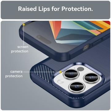 iPhone 15 Pro Max Børstet TPU Cover - Karbonfiber - Blå