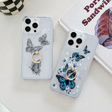 iPhone 15 Pro Max Sommerfugl TPU Cover med ringholder - mørkeblå