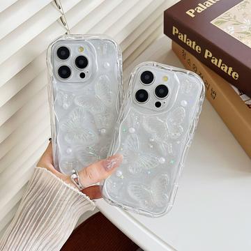 iPhone 15 Pro Max TPU-cover med sommerfugle og perler - gennemsigtigt