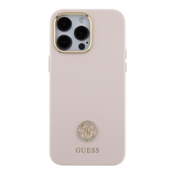 iPhone 15 Pro Max Guess 4G Rhinestone Metal Logo Flydende silikoneetui - Pink