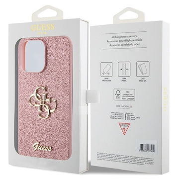 iPhone 15 Pro Max Guess Fixed Glitter 4G Metal Logo Cover - Pink