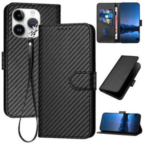 iPhone 15 Pro Max Premium Wallet-etui med rem - kulfiberstruktur - kulsort