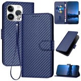 iPhone 15 Pro Max Premium Wallet-etui med rem - kulfiberstruktur - Kulstofblå