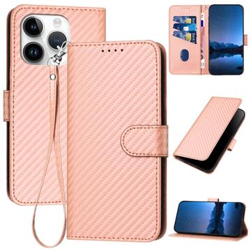 iPhone 15 Pro Max Premium Wallet-etui med rem - kulfiberstruktur - Kulstoflyserød