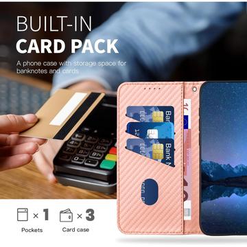 iPhone 15 Pro Max Premium Wallet-etui med rem - kulfiberstruktur - Kulstoflyserød