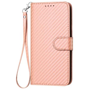 iPhone 15 Pro Max Premium Wallet-etui med rem - kulfiberstruktur - Kulstoflyserød