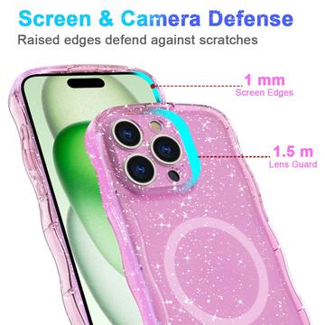 iPhone 15 Pro Max Wave-Edge Laser Glitter MagSafe Cover - Gennemsigtig pink