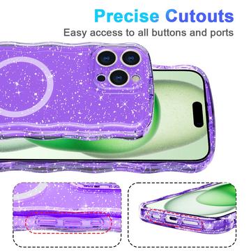 iPhone 15 Pro Max Wave-Edge Laser Glitter MagSafe Cover - Gennemsigtig lilla
