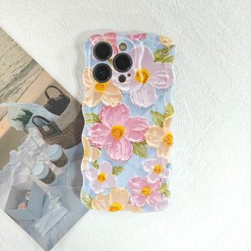 iPhone 15 Pro Max TPU-cover med bølgede kanter og oliemaleri - Blomster